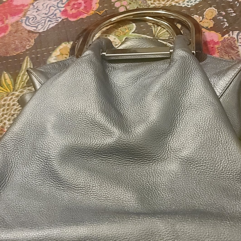 Elie Tahari large silver tote with wooden handles